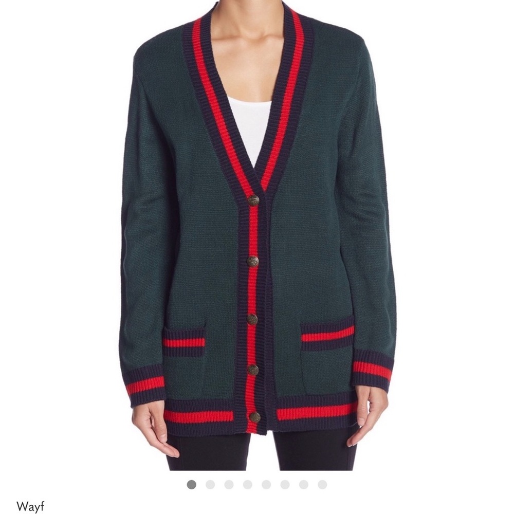 Wayf Women's Varsity Cardigan Sweater in Green Pine Forest